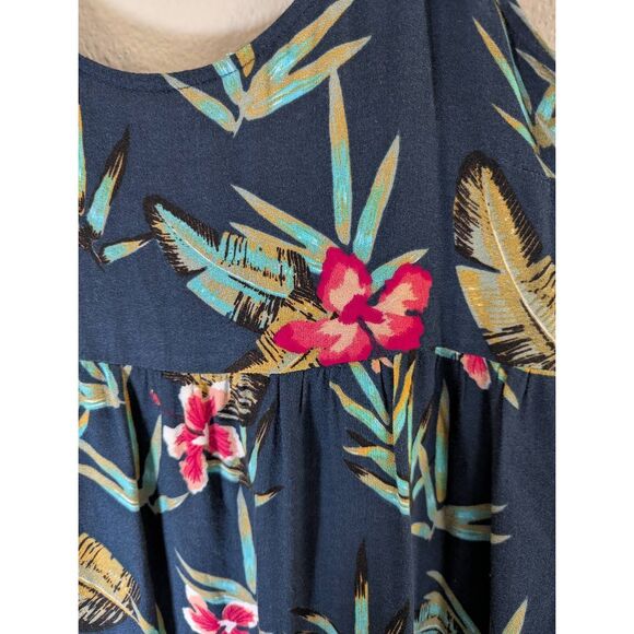 Roxy Navy Bird of Paradise Tropical floral cold shoulder ruffle mini dress M - Picture 4 of 6